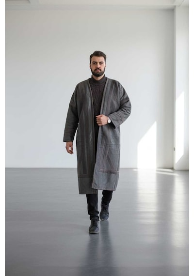 Erkek Uzun Klasik Kürk Palto Görünümlü Kışlık Dış Giyim Unisex Füme
