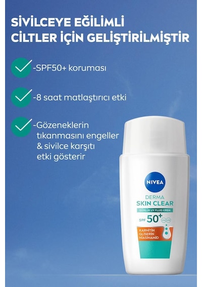 Spf50 Derma Skin Clear Sivilce Karşıtı Yüz Kremi 40 Ml, Matlaştırıcı, Karnitin, Gliserin,niasinamid