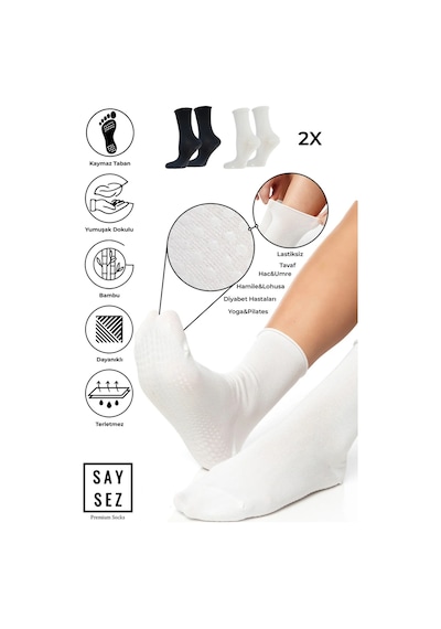 Saysez Bambu Kaydırmaz Taban Silikon Hac Umre Tavaf Hamile Pilates Yoga Lastiksiz Siyah-beyaz Çorap Renkli