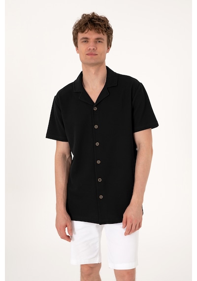 U.S. Polo Assn. Erkek Siyah Apaş Yaka Kısa Kollu Örme Gömlek 50306977-VR046