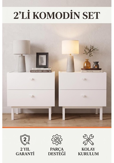 Robin Home 2'li Komodin Set 2 Çekmeceli Ahşap Ayaklı Beyaz