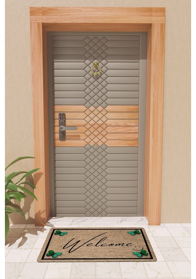 Rugmood Modern Dijtal Baskı Kahverengi Yeşil Kelebekli Welcome Kapı Önü Paspası Çok Renkli