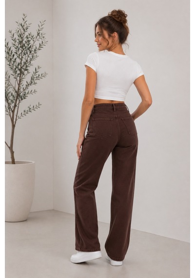 Woddi Nova Kadın Yüksek Bel Kaahverengi Salaş Jeans Wide Leg Geniş Paça Palazzo Kot Pantolon Kahverengi