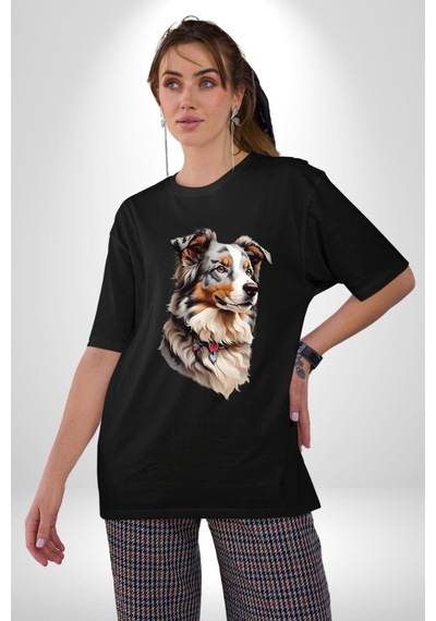 Australian Shepherd Köpek Pamuklu Bisiklet Yaka Unisex Oversize Boyfriend Dijital Baskılı Siyah T-shirt Siyah