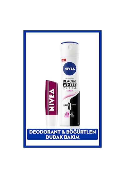 Nivea Black & White Invisible Clear Kadın Sprey Deodorant 150 ML + Böğürtlen Özlü Dudak Bakım Kremi﻿