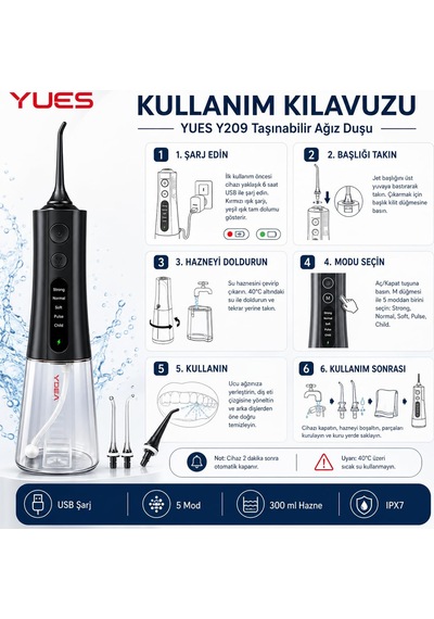 Yues Y209 Taşınabilir Ağız Duşu, Şarjlı Oral Irrigator, 300 Ml Su