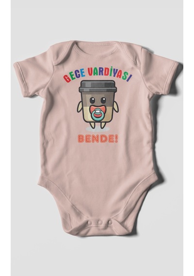 Gece Vardiyası Bende Baskılı Bebek Zıbını Çıtçıtlı Body %100 Pamuk Kısa Kol Pastel Pembe