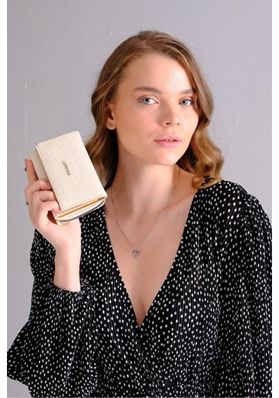 Just Polo Kadın Bol Kartlık Ve Kağıt Para Bölmeli Bölmeli Fermuarlı & Kapaklı Cüzdan Shopper Krem