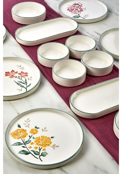 Kitchen Life 14 Parça 6 Kişilik Flowers Stackable Kahvaltı Takımı -  Lüx Kahvaltılık Sunum Seti Tabağı Beyaz