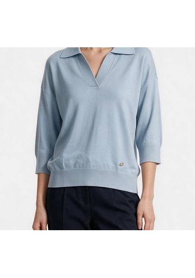 On Kadın Polo Yaka Düşük Omuz Üç Çeyrek Kol Örme Bluz Mavi