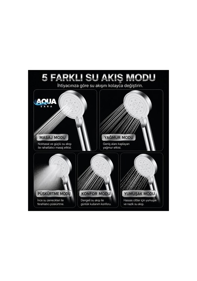 Aqua Sara Krom 5 Fonksiyonlu Yüksek Basınçlı Ayarlanabilir Duş Başlığı