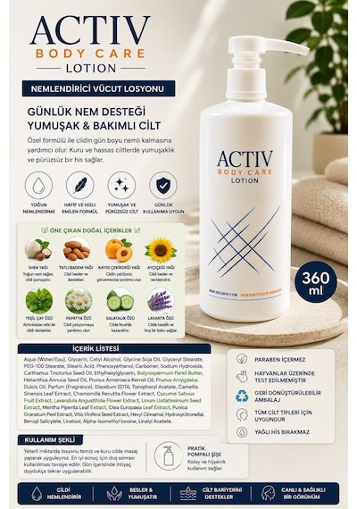 Actıv Body Care Lotion Nemlendirici Vücut Losyonu 360 Ml Günlük Bakım Ve Yoğun Nem Desteği