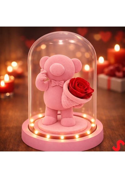 Solmayan Güllü Ayıcıklı Led Işıklı Cam Fanus - Pembe