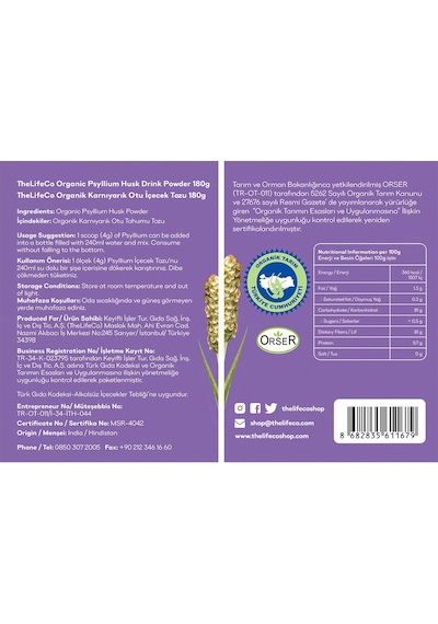 Thelifeco Organik Psyllium Karnıyarık Otu İçecek Tozu 180 G