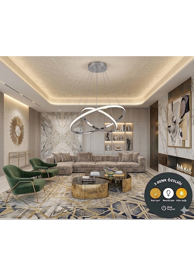 Luxury Krom 2'li İç İçe Geçmeli Halka Led Sarkıt Avize - 3 Renk Işıklı Modern Salon Mutfak Avizesi