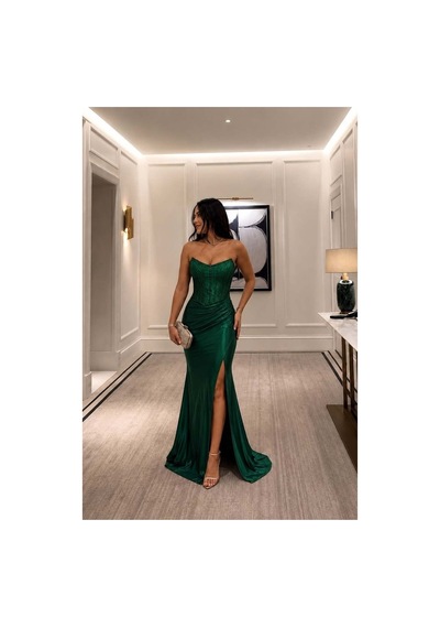 DefyModa Kadın Trend Straplez Yırtmaçlı Abiye Elbise Zümrüt