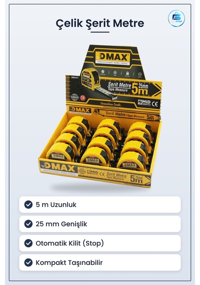 Çelik Şerit Metre 5 M X 25 Mm Otomatik Kilitli Stoplu Hırdavat İn