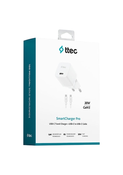 Ttec 2SCP03CB Smartcharger Gan 30W PD Seyahat Hızlı Şarj Aleti + USB-C - USB-C 3A Kablo
