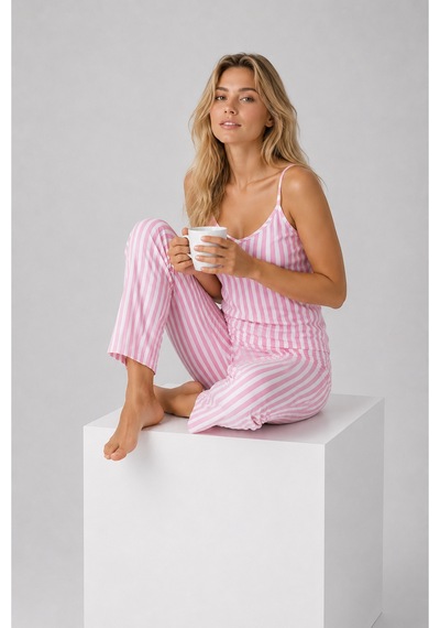 Pijamask Kadın Pembe Beyaz Çizgili Askılı Pijama Takımı Pamuklu Yazlık Ev Giyim Beyaz