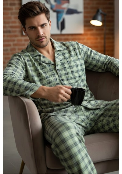 Siyah İnci Erkek Ekoseli %100 Pamuklu Örme Düğmeli Pijama Takım 7985 Yeşil Ekose