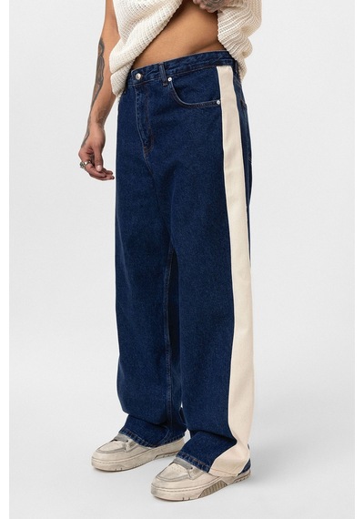 Vamos Yan Şeritli Baggy Fit Jean Mavi