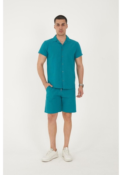 Mfz Giyim Keten Petrol Mavi Renk Slim Fit Erkek Şort - Gömlek Alt Üst Takım