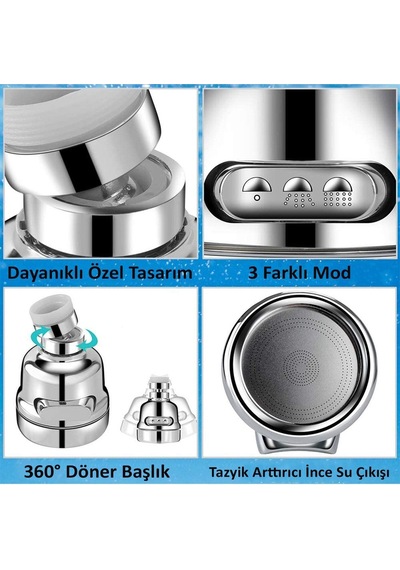 3 Fonksiyonlu Ayarlanabilir Batarya Lavabo Başlığı 360 Derece Döner Musluk Ucu Tasarruflu Başlık Pvc Diğer