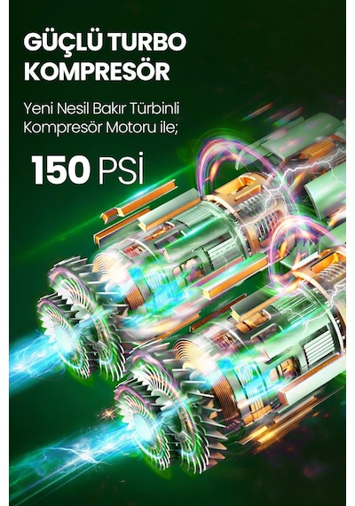 Dijital Ekranlı Şarjlı Araç Hava Kompresörü Ledli Powerbank Lastik Top Yatak Şişirme Pompası 150psi