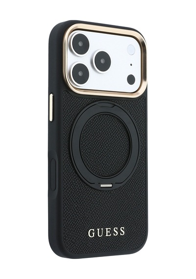 Apple iPhone Uyumlu 18 Pro Max Kılıf Guess Lisanslı M-safe Özellikli 360 Standlı Pu Metal Yazı Logolu Kapak Siyah