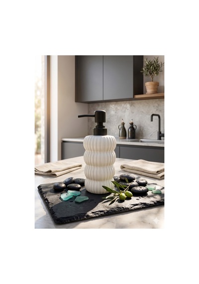 Dalgalı Seramik Mat Siyah Pompalı Sıvı Sabunluk - 400 Ml - 18 X 8 X 7 Cm Beyaz
