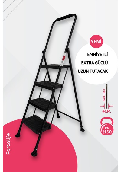 Portalife 4 Basamaklı Konfor Tutacaklı Çelik Şık Merdiven - Siyah 200 Cm'ye Kadar