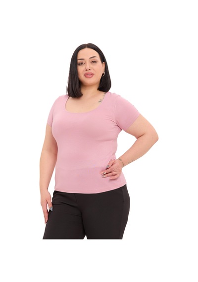 Disentis Büyük Beden U Yaka Kısa Kollu Viskon Pembe Body Pembe