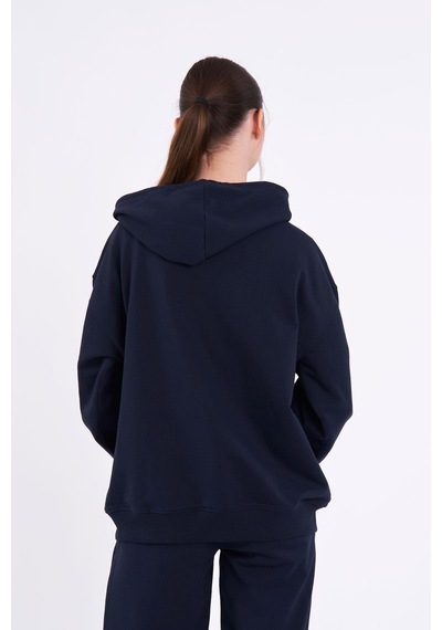 Comeor Lacivert Kanguru Cepli Kapüşonlu Fermuarlı Oversize Kadın Sweatshirt Cmrb73 Lacivert