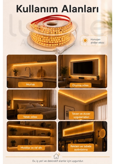 3 Metre 220v Amber Şerit Led Hazır Fişli Tak Çalıştır Silikonlu Yapışkanlı Dış Mekan