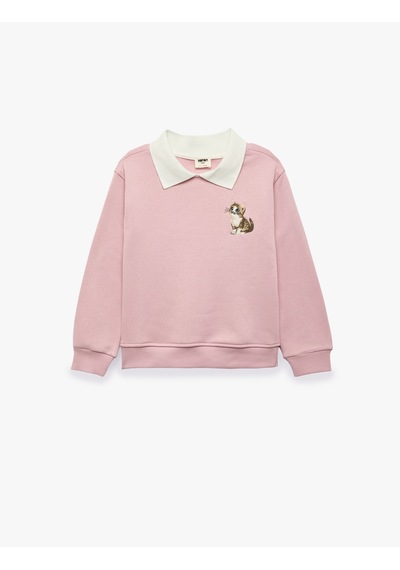 Koton Kedi Nakışlı Uzun Kollu Polo Yaka Sweatshirt Lila 7wkg10110ak