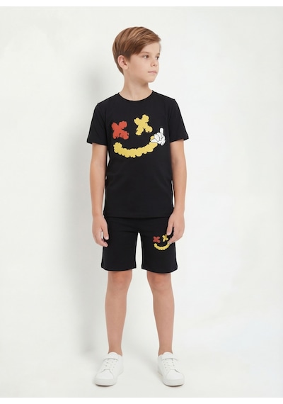 Fyk Kids Yuvarlak Yakalı Yazlık Emoji Baskı Detaylı Kaprili Erkek Çocuk Alt Üst Takım Siyah