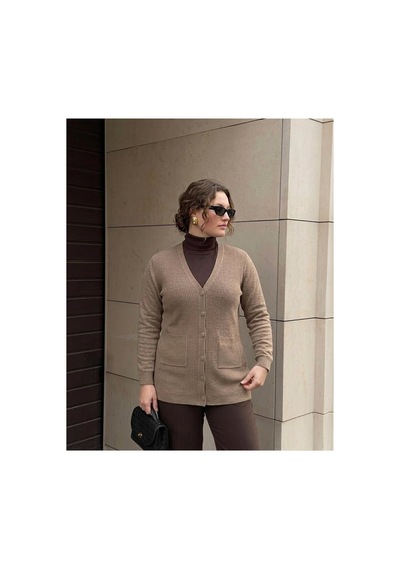 Onno Style Women Çelik Örgü Klasik Jakarlı Ceket Vizon