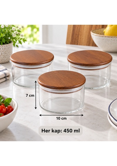 Akasya Kapaklı Cam Kavanoz 450 Ml- Üçlü Set Kahverengi
