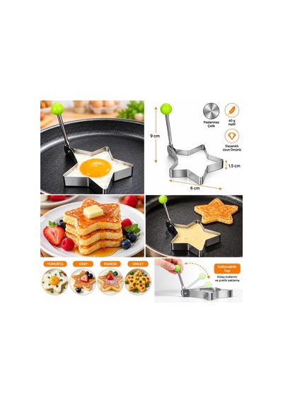 Paslanmaz Çelik Yumurta Ve Krep Şekillendirici Kalıp, Yapışmaz Pancake Omlet Pişirme Aparatı, Kahvaltılık Yumurta Formu, Pratik Metal Pişirme Kalıbı Beş Köşeli Yıldız Çok Renkli