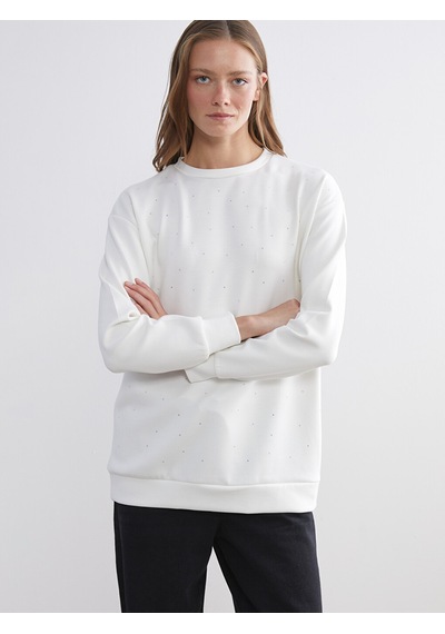 Lcw Comfort Beyaz Bisiklet Yaka Taşlı Kadın Sweatshirt
