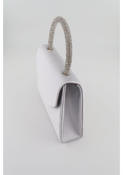 Keeba Saten Taşlı Gümüş Abiye Çanta Clutch Saten Gümüş Gece Çantası Abiye Çanta Gümüş Saten Abiye Çanta