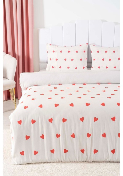 Çift Kişilik Nevresim Takımı Pamuklu Desenli Kırmızı Kalpler 200x215 Cm Beyaz - Kırmızı