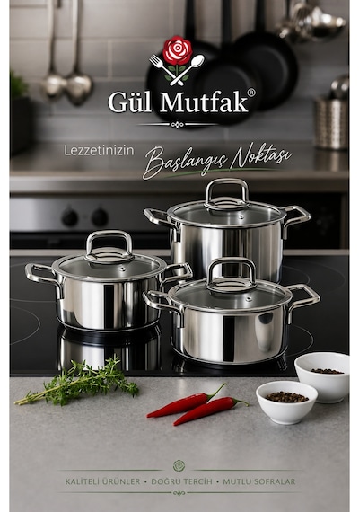 6 Parça Tencere Seti Cam Kapak Paslanmaz Çelik 16-18-20 Cm Gümüş