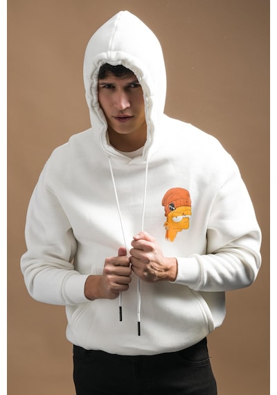 Regular Fit Kapşonlu 3 İplik Kalın İçi Polarlı Kangru Cepli Baskılı Erkek Sweatshirt 001