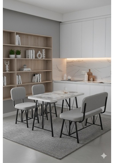 Elfin 70x110 Efes Sabit, 2 Sandalye 1 Bench, Masa Sandalye Takımı, Mutfak Masası Takımı - Gri Elfin 70x110 Efes Sabit, 2 Sandalye 1 Bench, Masa Sandalye Takımı, Mutfak Masası Takımı - Gri