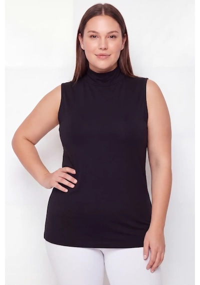 Terrien Özel Üretim Tekstil Stilli Temel Kadın Büyük Beden Balıkçı Yaka Kolsuz Body Siyah 2'li Paket Siyah-2