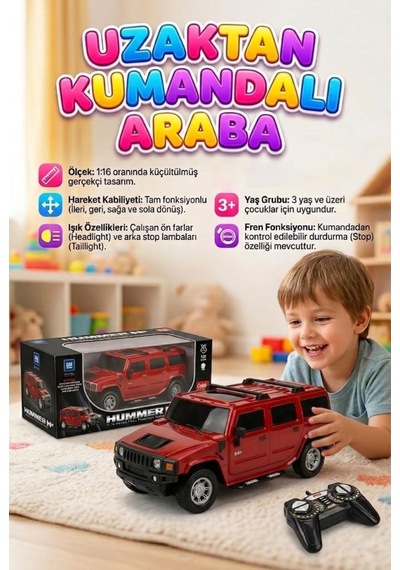 Uzaktan Kumandalı 7 Fonksiyonlu Işıklı Tepe Lambalı 1:16 Ölçek Hummer Suv Oyuncak Arazi Arabası Kırmızı