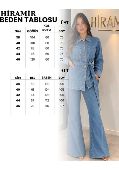 Hiramir Kadın Kot Takım Düğme Detaylı Kuşaklı Ceket Bol Paça Pantolon Takım Yz2521 Ekru