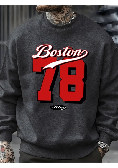 Startmore Startmoreboston Numarası 78 Baskılı Erkek Kazak Rahat Hip Hop Kazaklar Vintage Büyük Boy Bisiklet Yaka Antrasit