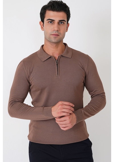 Slim Fit Esnek Pamuklu Fermuarlı Polo Yaka Açık Kahve Triko Tr 902 A.Kahverengi